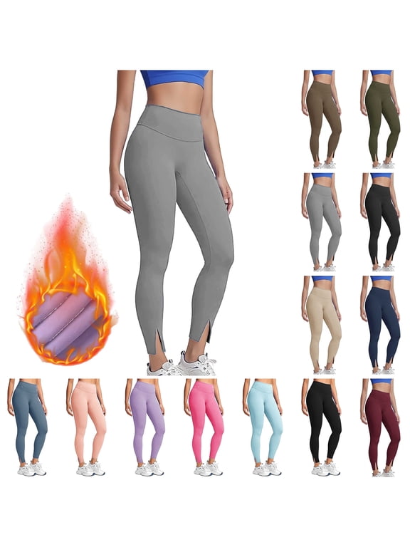 Fleece Lined Leggings Women Warm Winter Clothes Solid Casual Slit Bottom Tights Comfy Stretchy Workout Lounge Yoga Pants, Navy, S