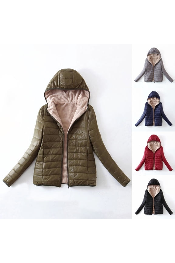 Fleece Lined Puffer Jacket for Women Winter Long Sleeve Cotton Padded Jackets Lightweight Zipper Warm Hooded Coat, Red, XL