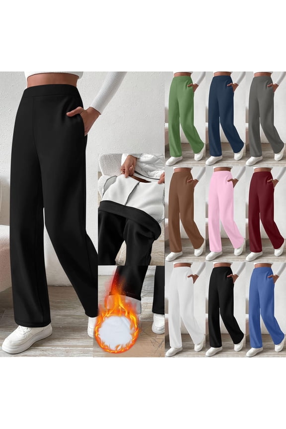 Fleece Lined Sweatpants for Women High Waist Straight Wide Leg Trousers Solid Color Casual Slacks with Side Pockets, White, XXL