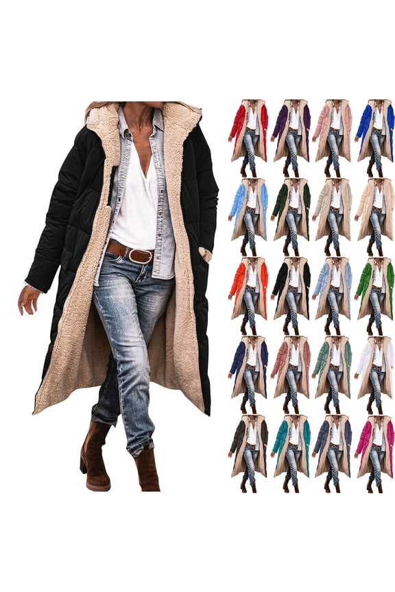 Fleece Lined Winter Jacket for Women Oversized Long Reversible Overcoats Solid Color Zip Up Puffer Hooded Coats, Red, XXXL