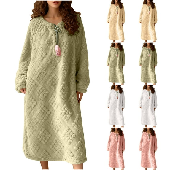 QATAINLAV Fleece Nightgown for Women Long Sleeve Winter Warm Cute Loungewear Solid Color Cozy Plush Pajama Midi Dress, Green, XXL