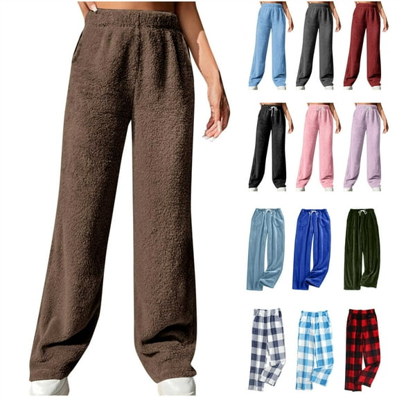 QATAINLAV Womens Fleece Wide Leg Pants Drawstring Elastic Waist Plush Pajama Pants Solid Baggy Comzy Loungewear with Pockets, Pink, S