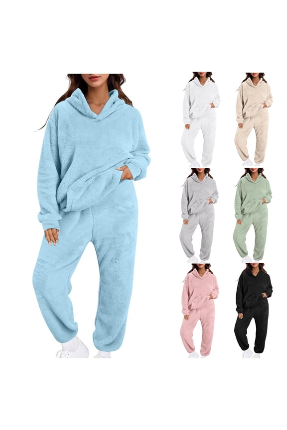 Fleece Pajamas for Women Set Soft Comfy Plush Hooded Sweatshirts and Jogger Sweatpants 2 Piece Outfits, Beige, S, Gifts for Mom