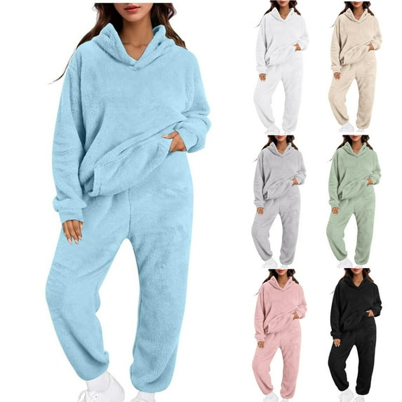 QATAINLAV Fleece Pajamas for Women Set Soft Comfy Plush Hooded Sweatshirts and Jogger Sweatpants 2 Piece Outfits, White, XL