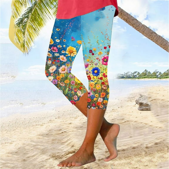 QATAINLAV Floral Print Capri Leggings for Women Summer Casual Workout Tummy Control Cropped Pants Stretchy Tights Buttery Soft Yoga Bottom Pants Lightening Sale Multicolor 3XL