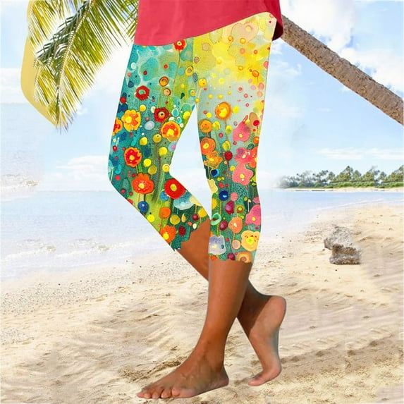 QATAINLAV Floral Print Capri Leggings for Women Summer Casual Workout Tummy Control Cropped Pants Stretchy Tights Buttery Soft Yoga Bottom Pants Prime Today Multicolor 3XL