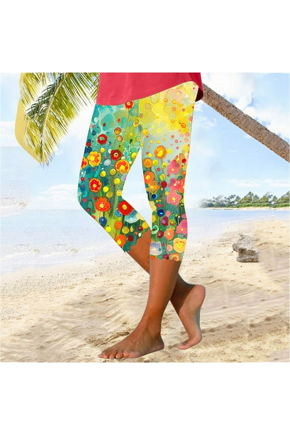 Floral Print Capri Leggings for Women Summer Casual Workout Tummy Control Cropped Pants Stretchy Tights Buttery Soft Yoga Bottom Pants Prime Today Multicolor 3XL