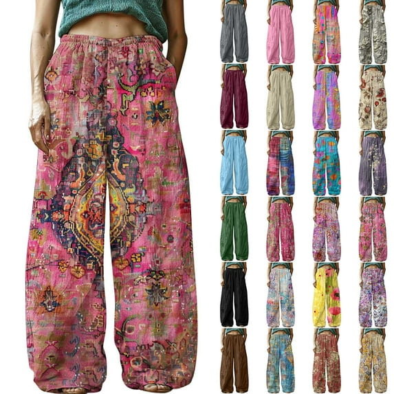 QATAINLAV Flowy Beach Pants for Women Summer Linen Wide Leg Lounge Pant Baggy Casual Elastic Waist Solid Palazzo Trousers with Pockets Gray XXL Mother's Day Gifts