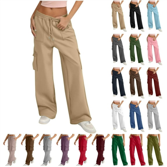 QATAINLAV Flowy Cargo Pants Womens Loose Wide Leg Lounge Trousers Solid Color High Waisted Drawstring Joggers Sweatpants with Pockets, Dark Gray, S, Birthday Gifts