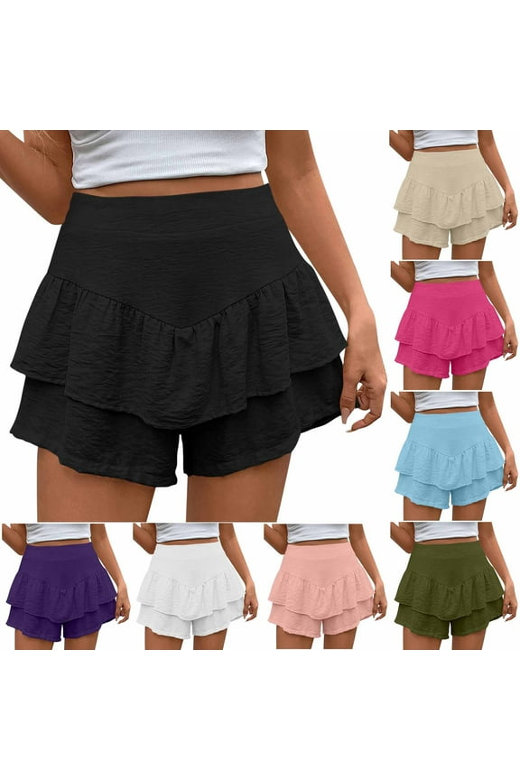Flowy Shorts for Women Boho Ruffled Tiered Skorts Cute High Waist Mini Skirts Golf Tennis Comfy Shorts Beach Vacation Outfits Hot Pink XL Vacation Sales