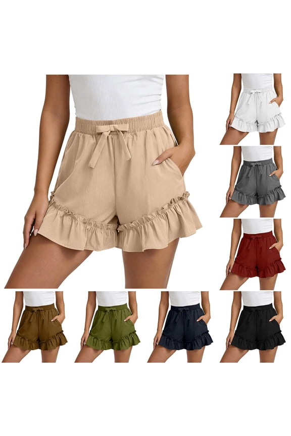 Flowy Shorts for Women Drawstring Bow-Knot Elastic Waist Ruffle Skorts Boho Casual Summer Shorts with Pockets Navy L