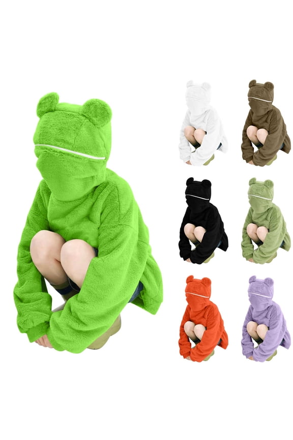 Fluffy Frog Hoodies for Women Winter Fuzzy Warm Cute Sweatshirt Long Sleeve Hooded Pullover Tops Teen Girls Gifts, White, L