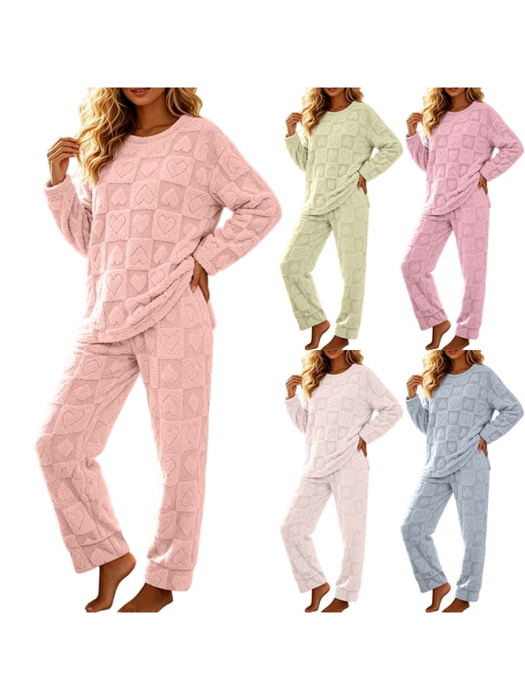 Fluffy Pajama Set for Women Fleece Winter Warm Loungewear Cozy Pjs 2 Piece Outfits