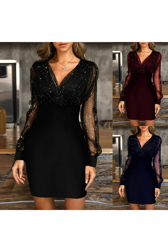 Formal Dresses for Women Casual Off Shoulder Mesh Sequin Dress Long Sleeve V Neck Wrap Party Dress Elegant Glitter Wedding Guest Dresses Black L