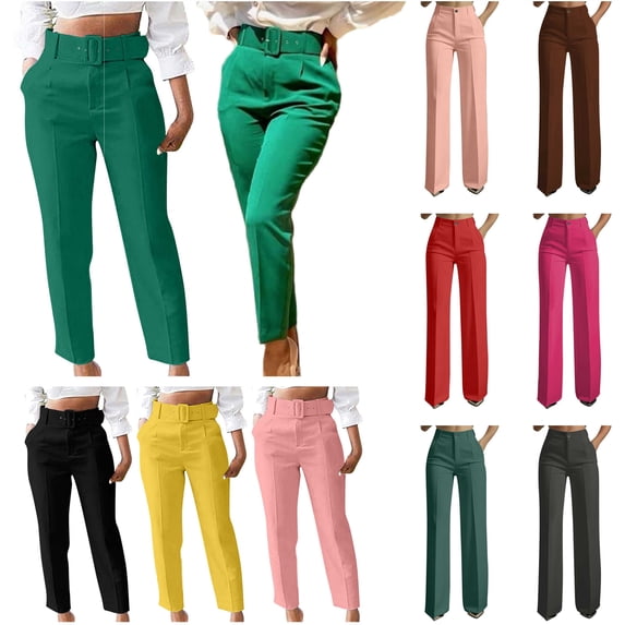 QATAINLAV Formal Pants for Women Straight Wide Leg School Uniform Solid Color Casual Work Trousers with Pockets Army Green M