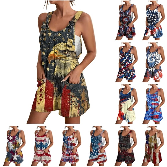 QATAINLAV 4th of July Overalls Women, American Flag Printed Jumper Women's Casual 2025 Summer Playsuit Comfy Linen Going Out Sports Jumper with Pocket White L Birthday Gifts