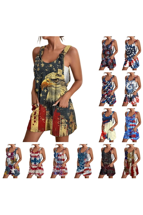 4th of July Overalls Women, American Flag Printed Jumper Women's Casual 2025 Summer Playsuit Comfy Linen Going Out Sports Jumper with Pocket White L Birthday Gifts