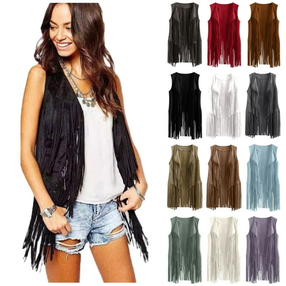 QATAINLAV Fringe Vest for Women Casual Sleeveless Faux Suede Waistcoat Solid Color Open Front Tassels Cardigan Outwear Tops, Purple, L
