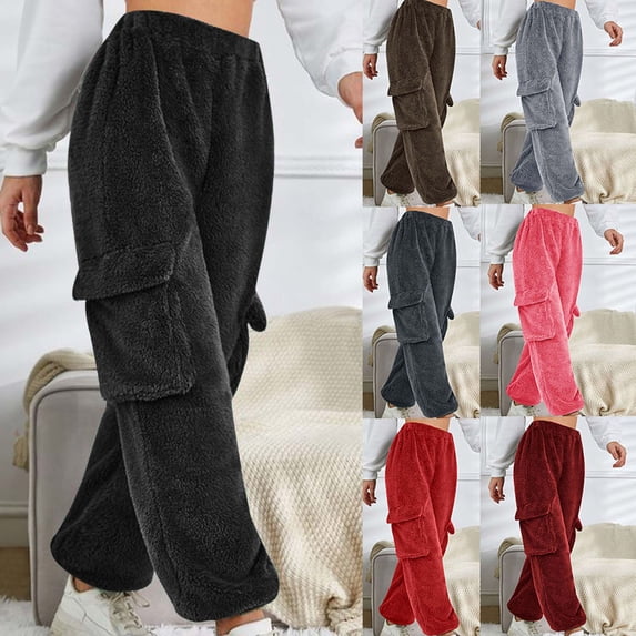 QATAINLAV Fuzzy Fleece Cargo Pants for Women Winter Warm Sherpa Sweatpants Soft Comfy Plush Lounge Trousers with Pockets, Gray, M