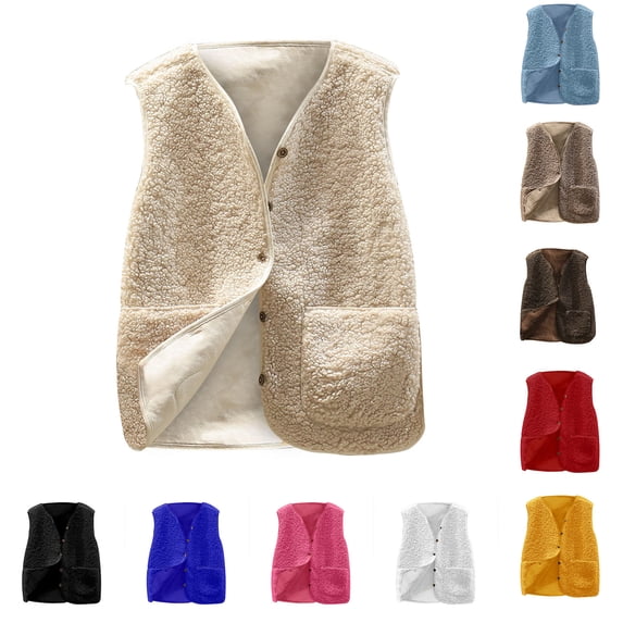 QATAINLAV Fuzzy Fleece Vest for Women Solid Color Sleeveless Teddy Jacket Button Open Front V Neck Cardigans with Pockets Fall Going Out Tops Yellow XL