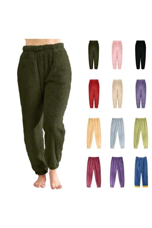 Fuzzy Pajama Pants for Women Elastic Waist Cozy Warm Plush Fleece Lounge Pj Bottoms Casual Straight Leg Trousers, Blue, XL