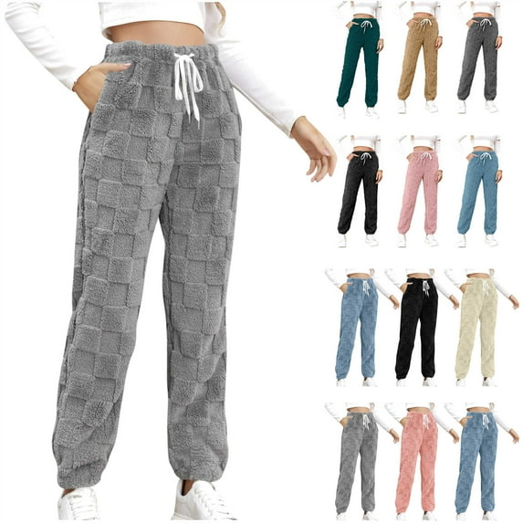 QATAINLAV Fuzzy Pajamas Pants for Women Plush Fluffy Warm Loungewear Casual Elastic Bottom Drawstring Fleece Sweatpants Sleepwear with Pockets, Black, S