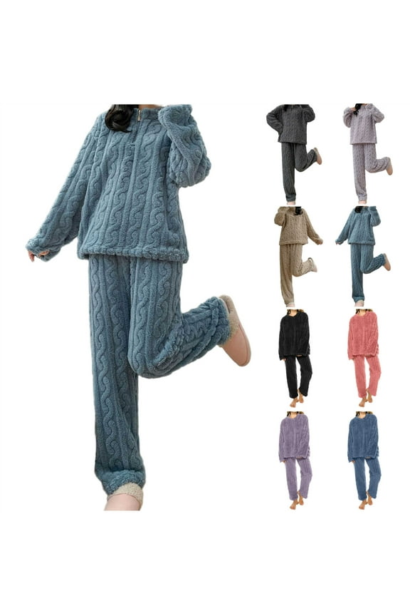 Fuzzy Pajamas for Women Set Winter Warm Fluffy Loungewear Fleece 1/2 Zip Long Sleeve Tops and Pants 2 Piece Lounge Sets, Sky Blue, Free Size