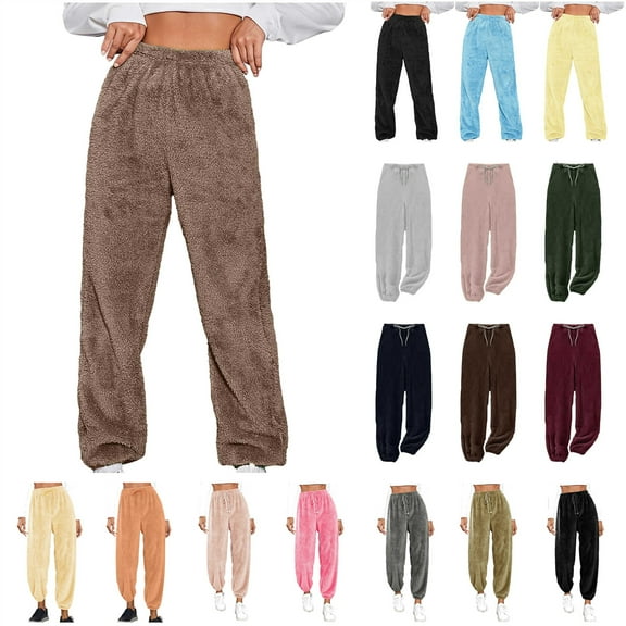 QATAINLAV Women Comfy Casual Pajama Bottoms Warm Fluffy Fuzzy Fleece Plush Winter Pants Solid Lounge Sherpa Pajamas Sleepwear, Brown, L