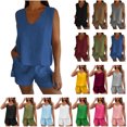 thumbnail image 2 of 2 Piece Sets For Women Summer Linen Outfits Short Sleeve V Neck Button Drawstring Shorts Sets Matching Loungewear Travel Beach Vacation Clothes Todays Order For Delivery From Orders Placed 2 of 13