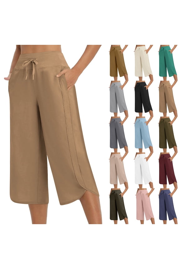 Gifts for Mom! Women's Wide Leg Capri Pants High Waisted Dressy Yoga Pants Quick Dry Workout Cropped Trousers Loose Comfy Travel Pants Beige L