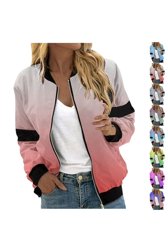 Gifts for Mom! Women Fall Zip Up Bomber Jacket Lightweight Casual Long Sleeve Windbreaker Sport Outwear with Pockets Red M
