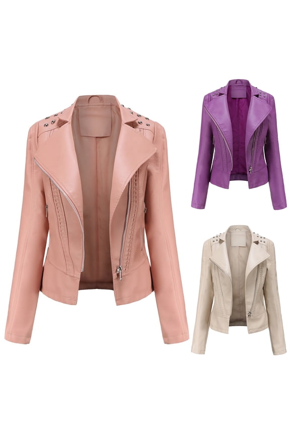 Gifts for Mom! Women's Casual Light Studded Shoulder Moto Biker Jackets Solid Casual Oblique Zip Faux Leather Motorcycle Coat Beige M