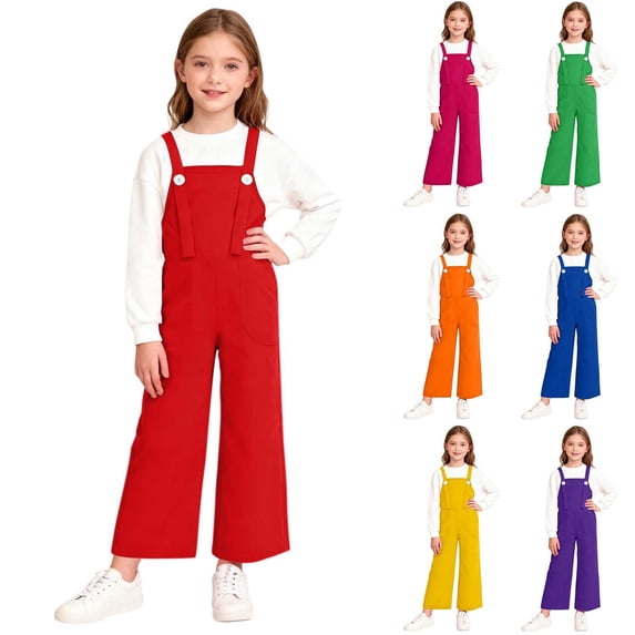 QATAINLAV Girls Casual Cute Sleeveless Wide Leg Jumpsuit Cotton Comfy Adjustable Button Straps Rompers Loose Fit One Piece Pants with Pockets, Blue, 7 Years