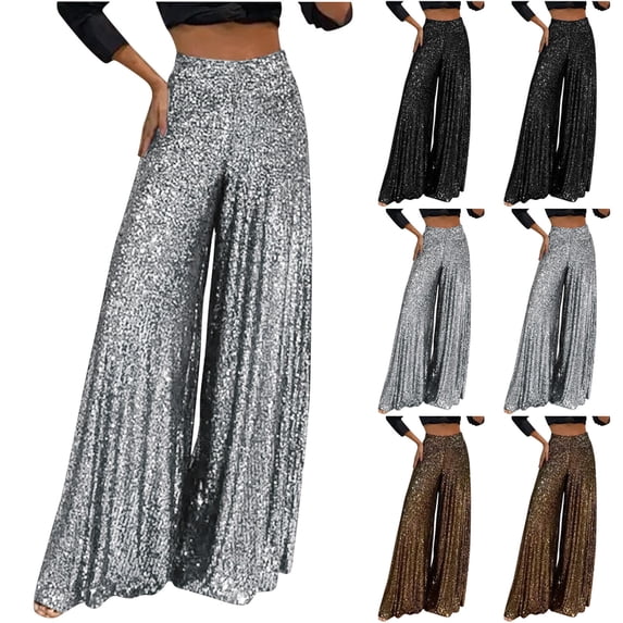 QATAINLAV Glitter Sequin Palazzo Pants for Women Fashion Sparkle Wide Leg Flowy Pant High Waist Shimmer Trousers Silver