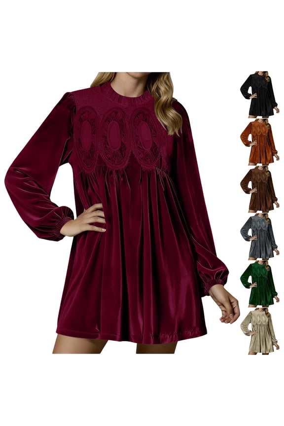 Gold Womens Lace Trim Velvet Dresses Long Sleeve Swing Babydoll Mini Dress Pleated Round Neck Cocktail Party Dresses M
