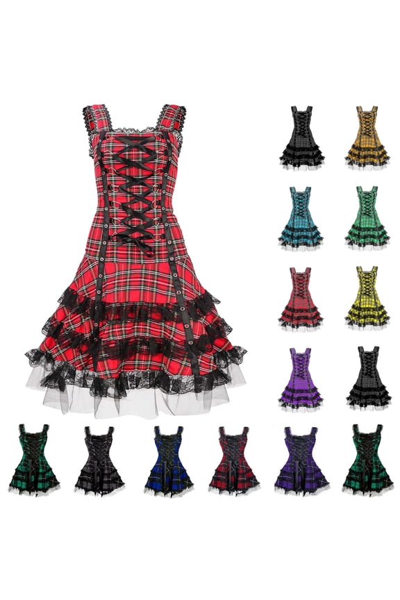 Gothic Dresses for Women Plaid Print Medieval Steampunk Lace-Up Tiered Ruffle Dress Halloween Sleeveless Lace Lolita Dresses, Black, XXXL