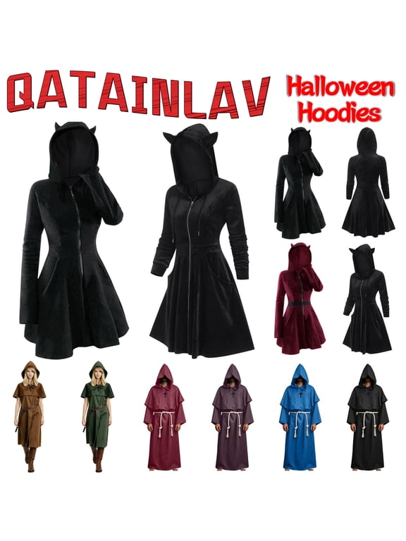 Gothic Halloween Costume for Women Full Zipper Velvet Hoodies Jackets with Pockets Cat Ear Hooded Dress