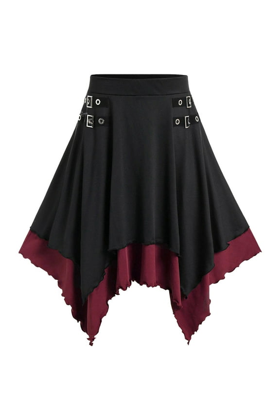 Gothic Skirt for Women Steampunk Asymmetrical Hem High Waist A Linen Skirts Halloween Cosplay Costume, Red, S