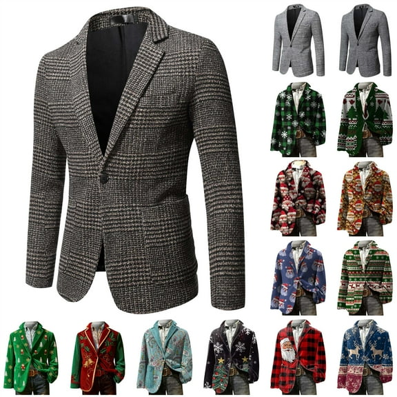 QATAINLAV Gray Mens Christmas Plaid Suit Jacket Vintage One-Button Wool Blend Tweed Blazer with Pocket XL