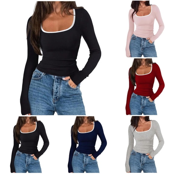 QATAINLAV Gray Square Neck Shirts for Women Slim Fitted Color Block Long Sleeve Blouse Yoga Workot Tops