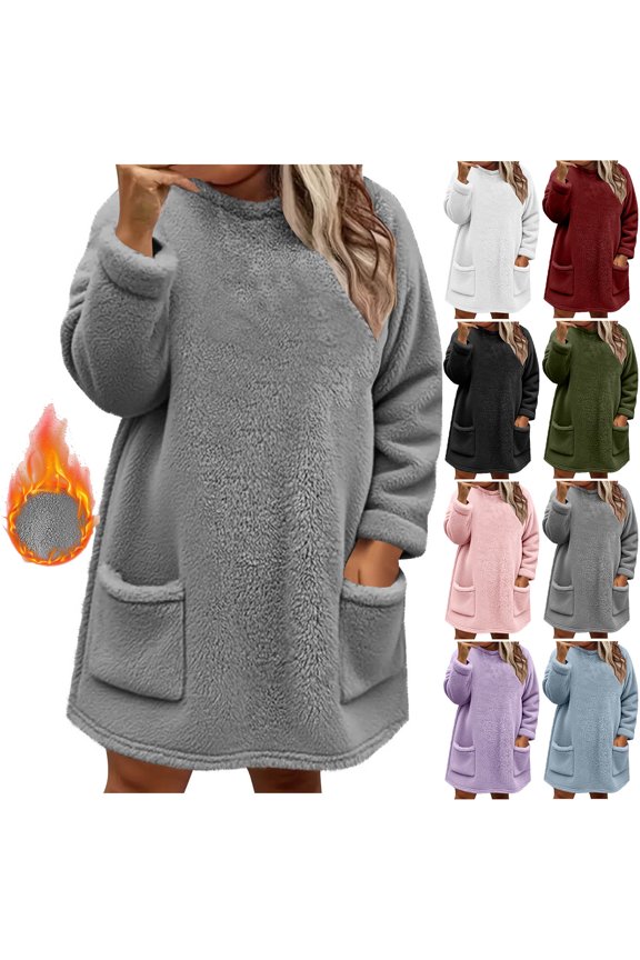 Gray Winter Sherpa Hooded Sweatshirts for Women Cute Fuzzy Long Sleeve Hoodie Casual Mini Sweater Dress with Pockets
