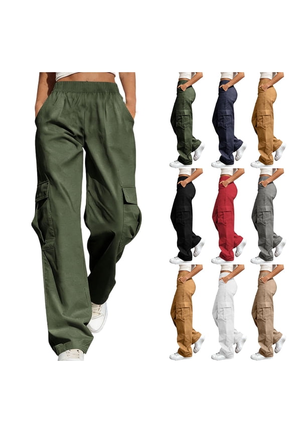 Gray Womens Elastic Waist Cargo Pants Athletic Straight Leg Hiking Pants Trouser Solid Color Open Bottom Work Pants with Multi-Pockets