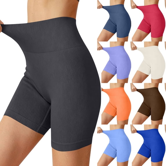 QATAINLAV Gray Womens High Waisted Ribbed Knit Biker Shorts 5" Tummy Control Workout Shorts for Yoga Running Gym S
