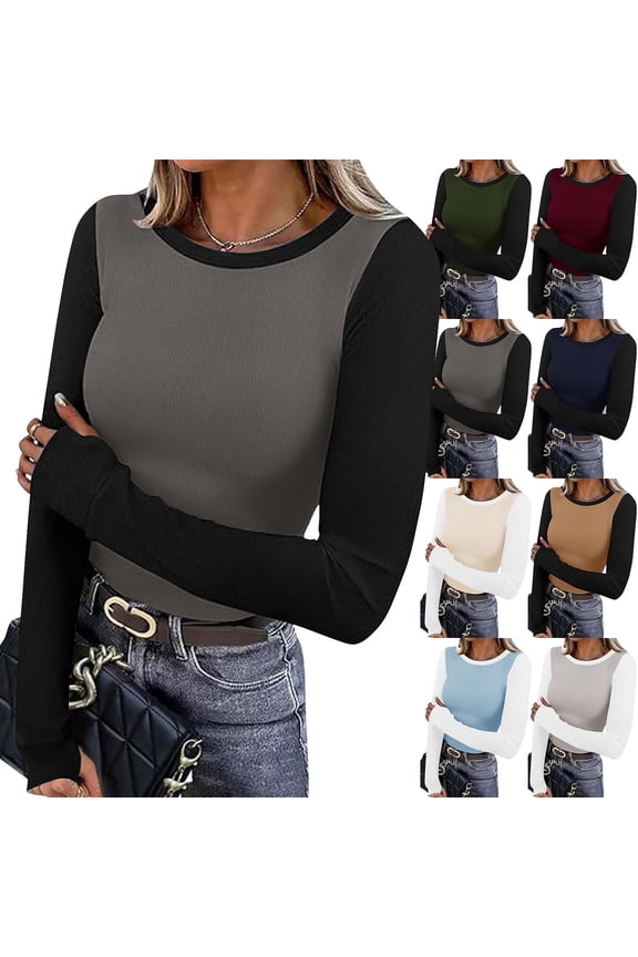 Green Long Sleeve Thermal Shirts for Women Slim Fit Crewneck Basic T-Shirts with Thumb Holes Color Block Workout Tops