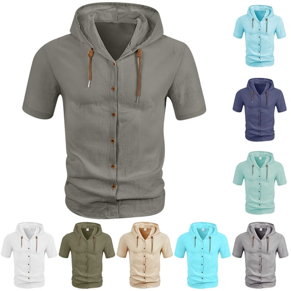QATAINLAV Green Men's Button Down Linen Hoodies Summer Lightweight Short Sleeve Shirts Hooded Blouse Vacation Beach Tops L