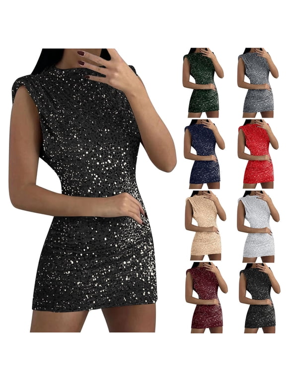 Women's Glitter Sequin Dress Sleeveless Crew Neck Evening Party Cocktail Mini Dress Sparkly Bodycon Clubwear