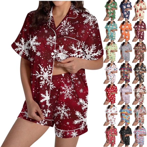 QATAINLAV Green Womens Christmas Pajamas Button Down Short Sleeve Shirts and Pajama Shorts 2 Piece Sleepwear Sets Gifts for Mom