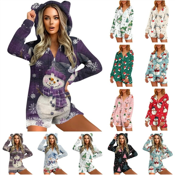 QATAINLAV Green Womens Onesie Pajamas Adult Sherpa Fleece Short Jumpsuit Cute Ear Furry Plush Hooded Romper Christmas Gifts