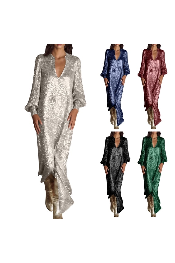 Green Womens Sequin Dress Loose Sparkly Party Club Dresses Deep V Neck Puff Long Sleeve Maxi Dress L