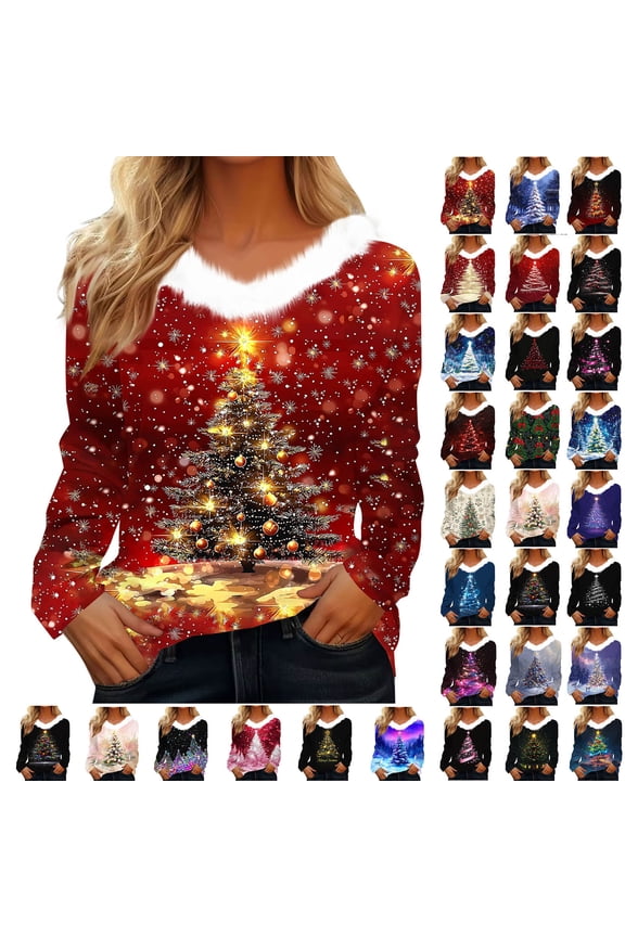 GreenTops for Women Trendy Merry Christmas Long Sleeve Shirts Casual Faux Fur Trim V Neck Sweatshirts L